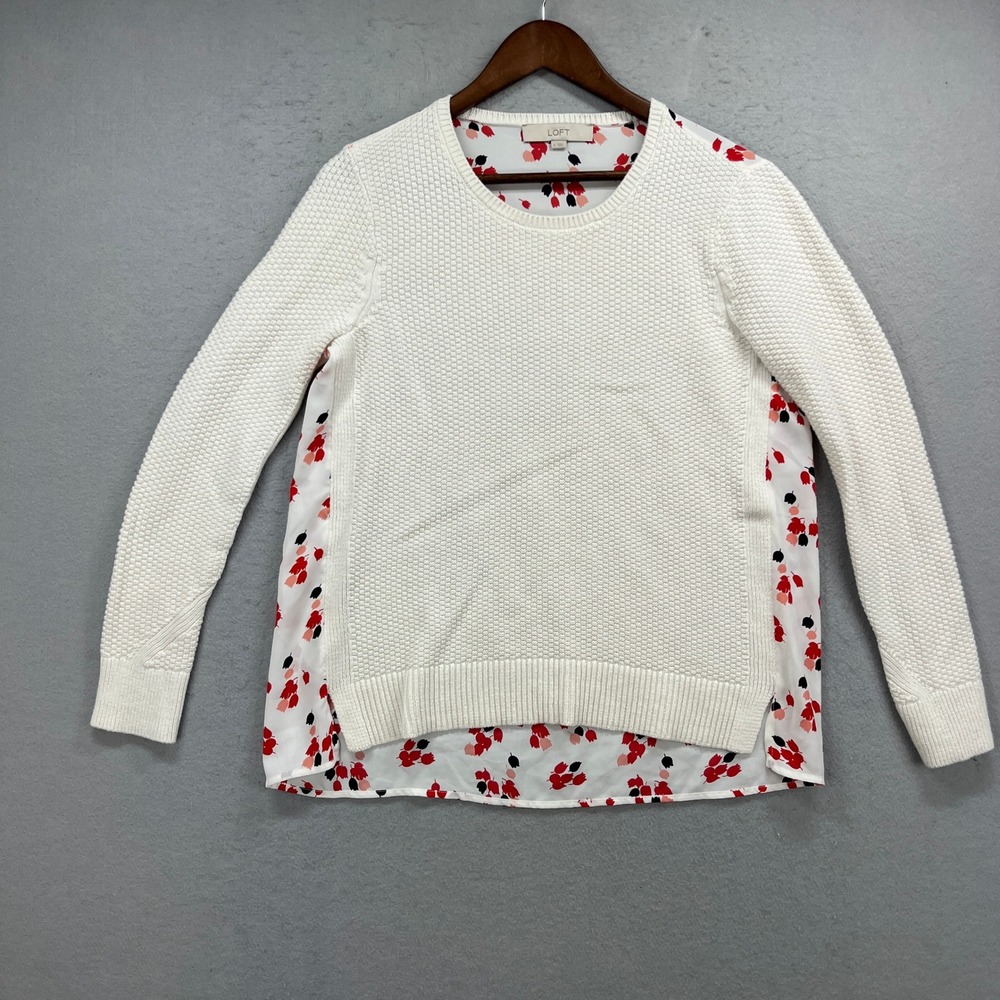 LOFT Mixed Media Sweater Womens M White Floral Back Knit Pullover Cottagecore
